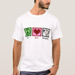 Peace Love Dalmatians T-Shirt<br><div class="desc">A peace sign,  heart,  and a cute dalmatian dog.</div>