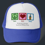 Peace Love Debate Team Custom School Trucker Hat<br><div class="desc">A cute custom speech and debate team shot glass gift with a peace sign,  heart,  and someone who stands behind a podium speaking. Customise with your high school,  college or university name.</div>