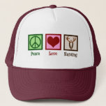 Peace Love Deer Hunting Trucker Hat<br><div class="desc">Peace Love Hunting gift for a hunter featuring a cool peace sign,  heart,  and a stag head mounted like a trophy. A cool hunting season present for a deer hunter.</div>
