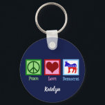 Peace Love Democrat Cute Custom Key Ring<br><div class="desc">Cute Peace Love Democrat keychain with a Democratic Party Donkey in red,  white,  and blue. A cool personalised democrat gift for a political activist who works in politics and helps candidates win by helping with the election and campaign.</div>