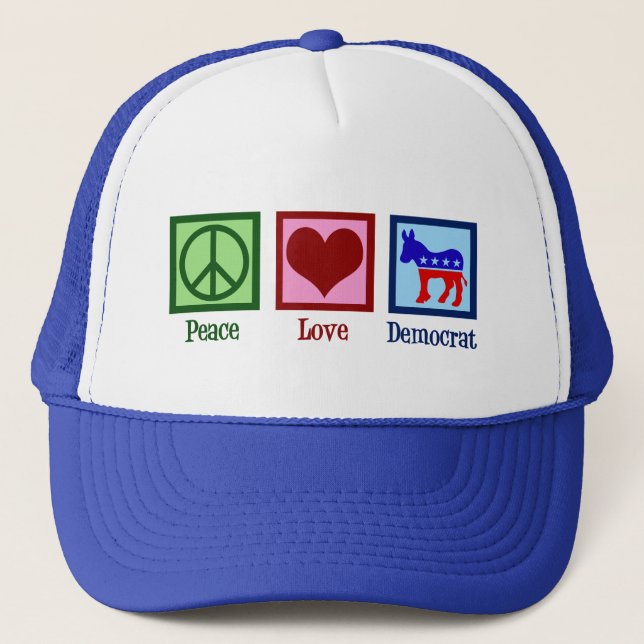 Peace Love Democrat Donkey Cute Blue Trucker Hat (Front)