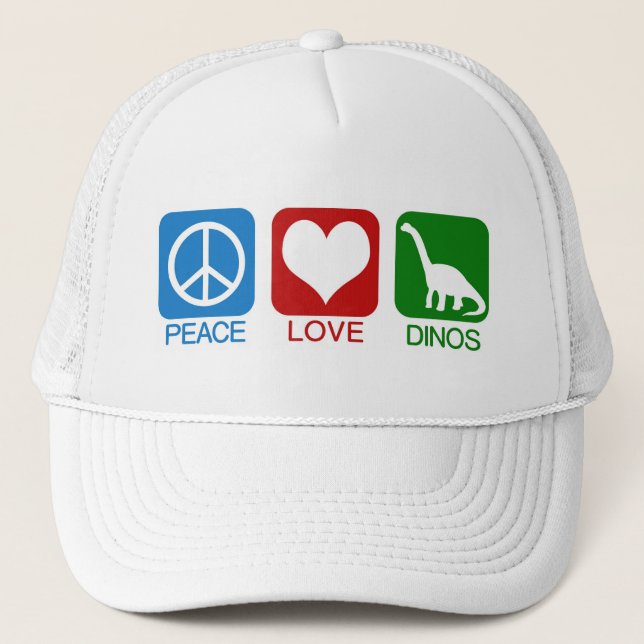 PEACE, LOVE, DINOS TRUCKER HAT (Front)