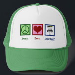 Peace Love Disc Golf Trucker Hat<br><div class="desc">A cute disc golfing Christmas gift featuring a peace sign,  heart,  and flying disc golf baskets used by a golfer. Cool disc golf course present.</div>