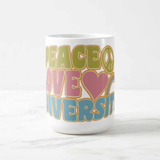PEACE LOVE DIVERSITY mug – choose style & colour (Center)