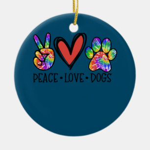 Peace Love Dogs Paws Tie Dye Rainbow Animal Rescue Ceramic Tree Decoration