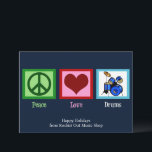 Peace Love Drums Custom Music Shop Christmas Holiday Card<br><div class="desc">A cool drummer Christmas card for a musical instrument store owner who likes to rock out on a drum set. Peace Love Drums holiday cards for a rocker who plays rock and roll music in a band.</div>