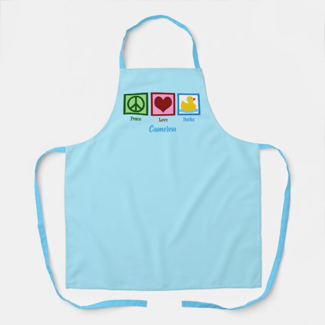 Peace Love Ducks Cute Blue Monogram Apron (Front)