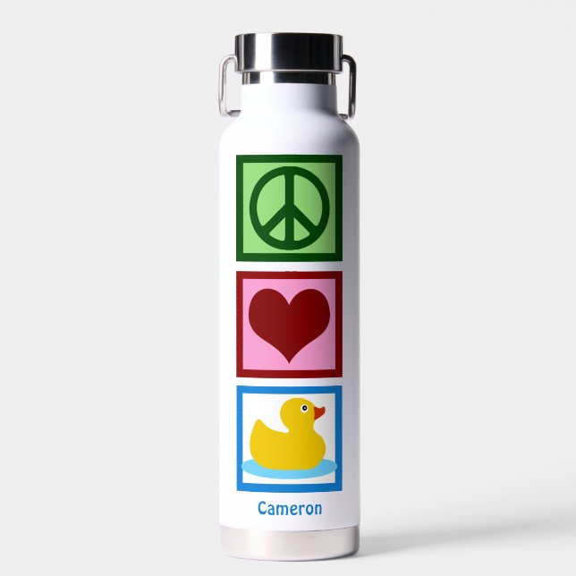 Peace Love Ducks Cute Personalised Duck Water Bottle (Front)