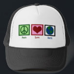 Peace Love Earth Trucker Hat<br><div class="desc">Green peace sign,  red heart,  and our blue and green planet Earth. A great Earth day design.</div>
