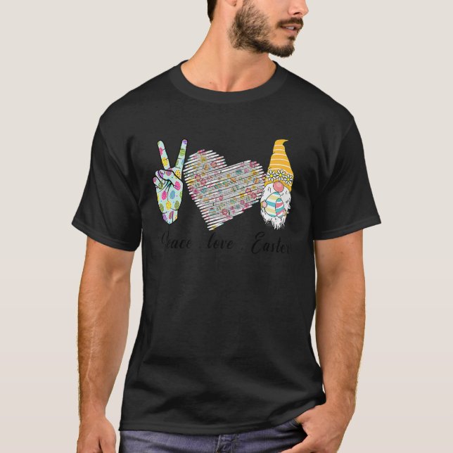 Peace Love Easter Funny Bunny Gnome Easter Eggs Ea T-Shirt (Front)
