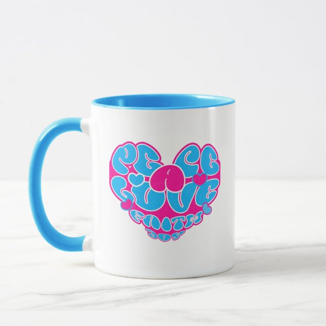 Peace Love Faith Joy Aqua Pink Heart Retro Mug (Left)