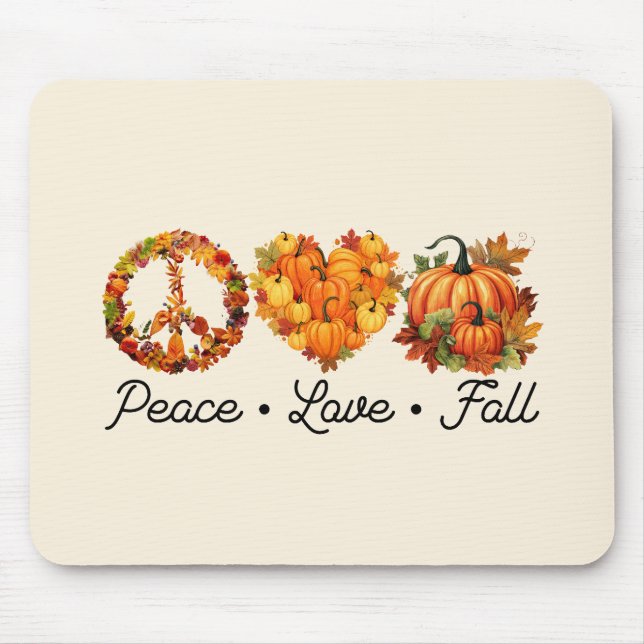 Peace, Love, Fall – Cosy Autumn Vibes with Pumpkin Mouse Mat (Front)