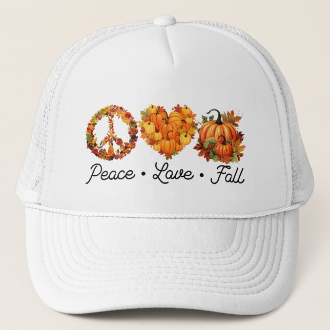 Peace, Love, Fall – Cosy Autumn Vibes with Pumpkin Trucker Hat (Front)