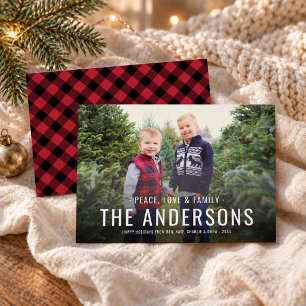 Peace Love Family Buffalo Plaid Photo Holiday Card
