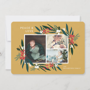 Peace & Love Festive Cranberry & Foliage Photo Holiday Card