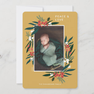 Peace & Love Festive Cranberry & Foliage Photo Holiday Card