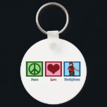 Peace Love Firefighters Key Ring<br><div class="desc">A peace sign,  heart,  and a fireman holding a water hose.</div>