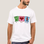 Peace Love Firefighters T-Shirt<br><div class="desc">A peace sign, heart, and a fireman holding a water hose.</div>