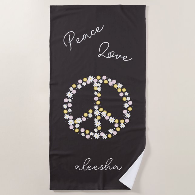 Peace Love Floral Peace Sign Personalised Beach Towel (Front)