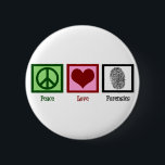 Peace Love Forensics 6 Cm Round Badge<br><div class="desc">A cool forensic science button for the bag or backpack of a scientist or crime scene expert who solves murder cases or other crimes. It features a peace sign, heart, and fingerprint. Customize this gift for a crime lab analyst or technician who reviews evidence to investigate and solve cases. Personalize...</div>
