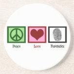 Peace Love Forensics Coaster<br><div class="desc">A peace sign, heart, and a fingerprint that serves as forensic evidence. Great gift for a forensic scientist or detective.</div>