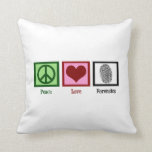 Peace Love Forensics Cushion<br><div class="desc">A peace sign, heart, and a fingerprint. I love crime investigation and detective work.</div>