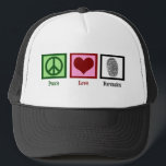 Peace Love Forensics Department Forensic Lab Card Trucker Hat<br><div class="desc">If you find forensic science fascinating,  this is a cool hat for a forensic scientist. It features a peace sign,  heart,  and fingerprint for a detective in crime scene investigation. Peace Love Forensics hat.</div>