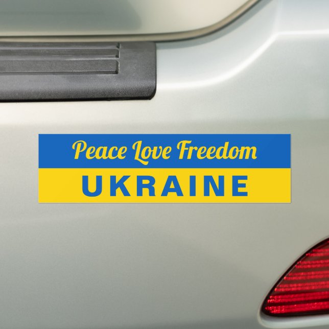 Peace Love Freedom Ukraine Support Ukrainian Flag Bumper Sticker (On Car)