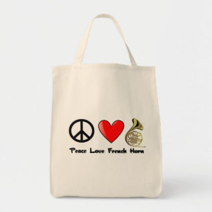 Peace, Love, French Horn Tote Bag
