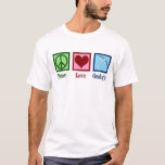 Peace Love Geology Professor T-Shirt<br><div class="desc">Peace Love Geology. A cool geological science gift for a geologist who studies Earth sciences and rocks through geologic history of the planet. It features a cute peace sign,  heart,  and geologists rock hammer.</div>