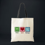 Peace Love Geology Tote Bag<br><div class="desc">Peace Love Geology. A cool geological science gift for a geologist who studies Earth sciences and rocks through geologic history of the planet. It features a cute peace sign, heart, and geologists rock hammer.</div>