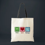 Peace Love Geology Tote Bag<br><div class="desc">Peace Love Geology. A cool geological science gift for a geologist who studies Earth sciences and rocks through geologic history of the planet. It features a cute peace sign,  heart,  and geologists rock hammer.</div>