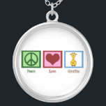 Peace Love Giraffes Silver Plated Necklace<br><div class="desc">A peace sign,  heart,  and a cute giraffe. I love wild animal gifts.</div>