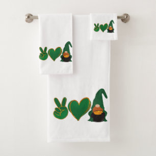 Peace Love Gnome   St Patrick's Day Sublimation Bath Towel Set