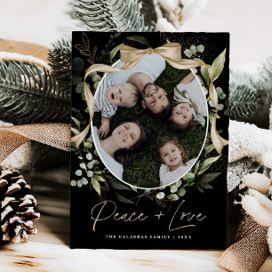 Peace Love Gold Bow Greenery Christmas Photo Card
