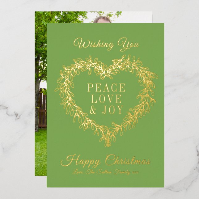 Peace, love gold green mistletoe heart Christmas Foil Holiday Card (Front/Back)
