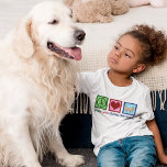 Peace Love Golden Retrievers Cute Kids T-Shirt<br><div class="desc">Beautiful Peace Love Golden Retrievers kids t-shirt for a girl or boy who loves their cute puppy. Features a pretty peace sign,  heart,  and adorable golden retriever,  my favorite breed of dog.</div>