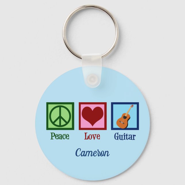 Peace Love Guitar Cute Blue Monogram Guitarist Key Ring (Front)