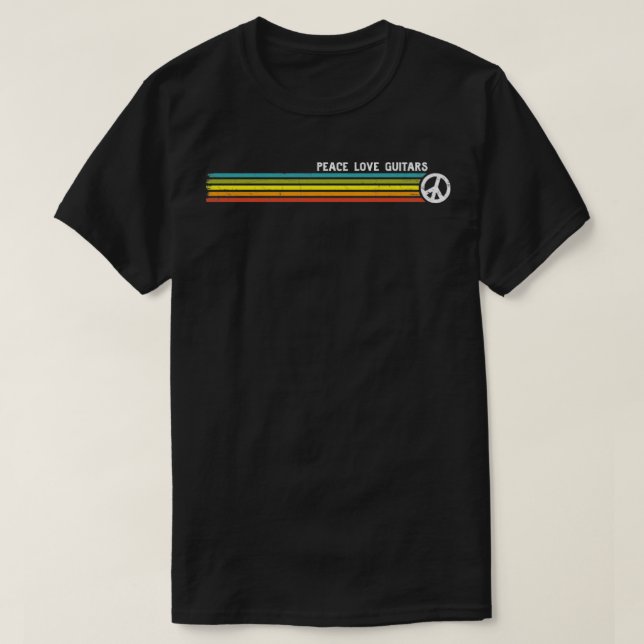 PEACE LOVE GUITARS Retro Rainbow Stripes  T-Shirt (Design Front)