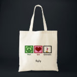 Peace Love Gymnastics Cute Personalised Gymnast Tote Bag<br><div class="desc">A peace sign,  heart,  and a gymnast doing a handstand on a beam. A cute Peace Love Gymnastics gift for a coach or competitive womens gymnastics team.</div>