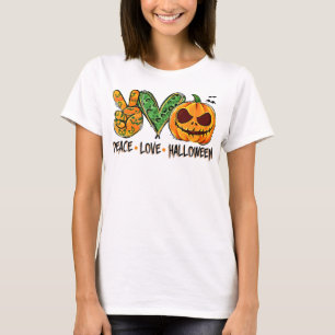 Peace Love Halloween Leopard Pumpkin Happy Hallowe T-Shirt