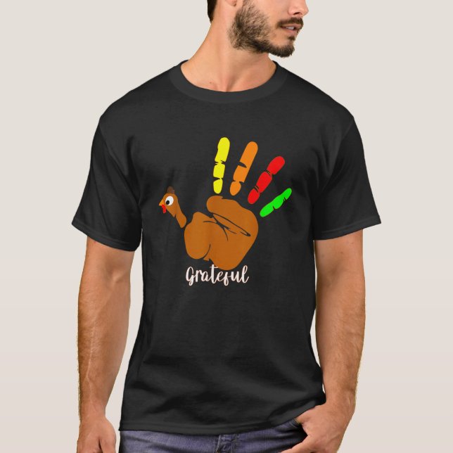 Peace Love Hand Sign Turkey Grateful for Thanksgiv T-Shirt (Front)