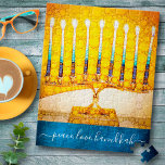 “Peace Love Hanukkah” Artsy Yellow & Gold Menorah Jigsaw Puzzle<br><div class="desc">“Peace, love, Hanukkah.” A close-up photo of a bright, colourful, yellow and gold artsy menorah helps you usher in the holiday of Hanukkah in style. Feel the warmth and joy of the holiday season whenever you use this stunning, colourful Hanukkah jigsaw puzzle. Matching cards, envelopes, stickers, pillows, tote bags, wrapping...</div>