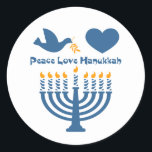 Peace Love Hanukkah Classic Round Sticker<br><div class="desc">Festival of Lights Hanukkah design that says PEACE LOVE HANUKKAH with a dove and olive branch,  heart and lit menorah. PinkInkArt original!</div>