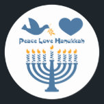 Peace Love Hanukkah Classic Round Sticker<br><div class="desc">Festival of Lights Hanukkah design that says PEACE LOVE HANUKKAH with a dove and olive branch,  heart and lit menorah. PinkInkArt original!</div>