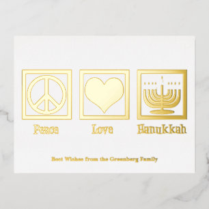 Peace Love Hanukkah Custom Elegant Gold Foil Holiday Postcard