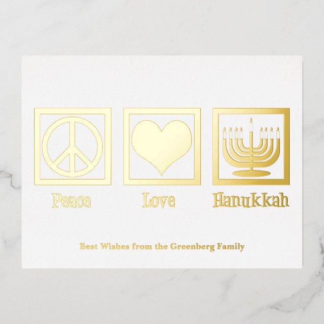 Peace Love Hanukkah Custom Elegant Gold Foil Holiday Postcard (Front)