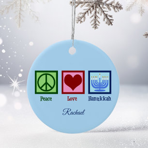Peace Love Hanukkah Cute Blue Personalized Ceramic Tree Decoration