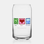 Peace Love Hanukkah Cute Custom Can Glass<br><div class="desc">Peace Love Hanukkah customizable can glass gift with a peace sign,  heart,  and menorah for a Jewish family celebrating Chanukah.</div>