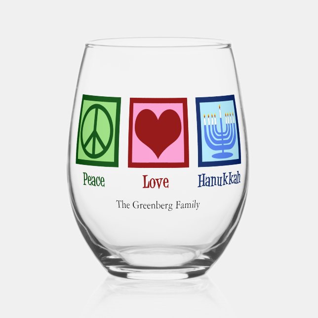 Peace Love Hanukkah Cute Custom Stemless Wine Glass (Front)